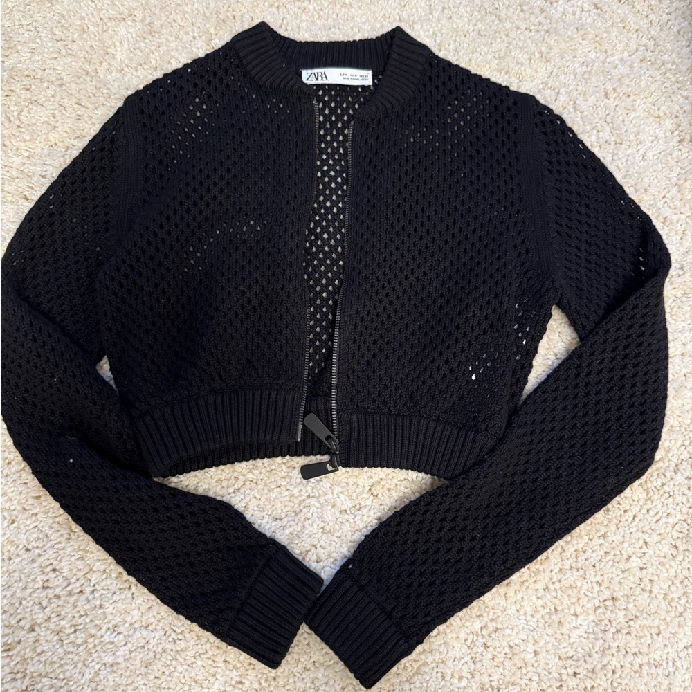 Zara Black Cropped Open-Knit Bomber Jacket